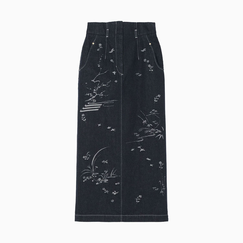 Nature Pattern Jacquard Denim Skirt - blue