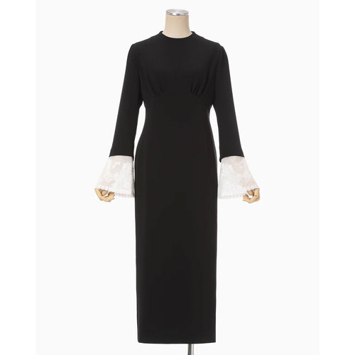 Triacetate Georgette Embroidered Cuffs I-Line Dress - black