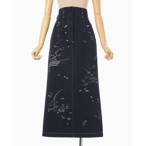 Nature Pattern Jacquard Denim Skirt - blue