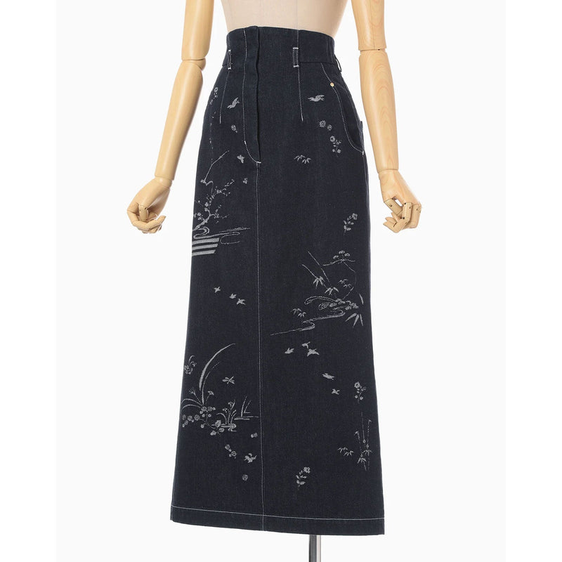 Nature Pattern Jacquard Denim Skirt - blue