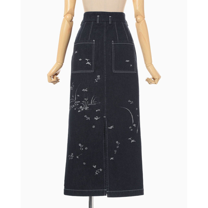 Nature Pattern Jacquard Denim Skirt - blue