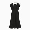 Triacetate Georgette Embroidered Collar Flared Dress - black