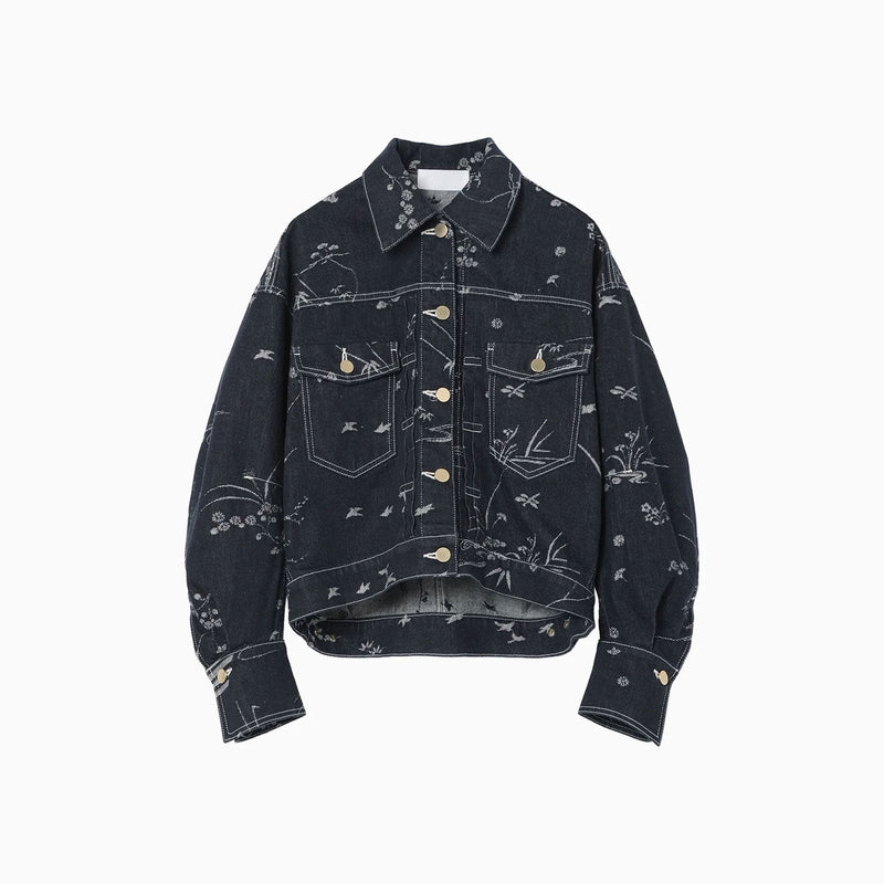 Nature Pattern Jacquard Short Denim Jacket - blue