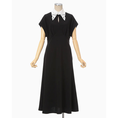 Triacetate Georgette Embroidered Collar Flared Dress - black