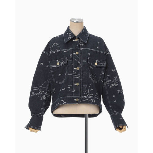 Nature Pattern Jacquard Short Denim Jacket - blue