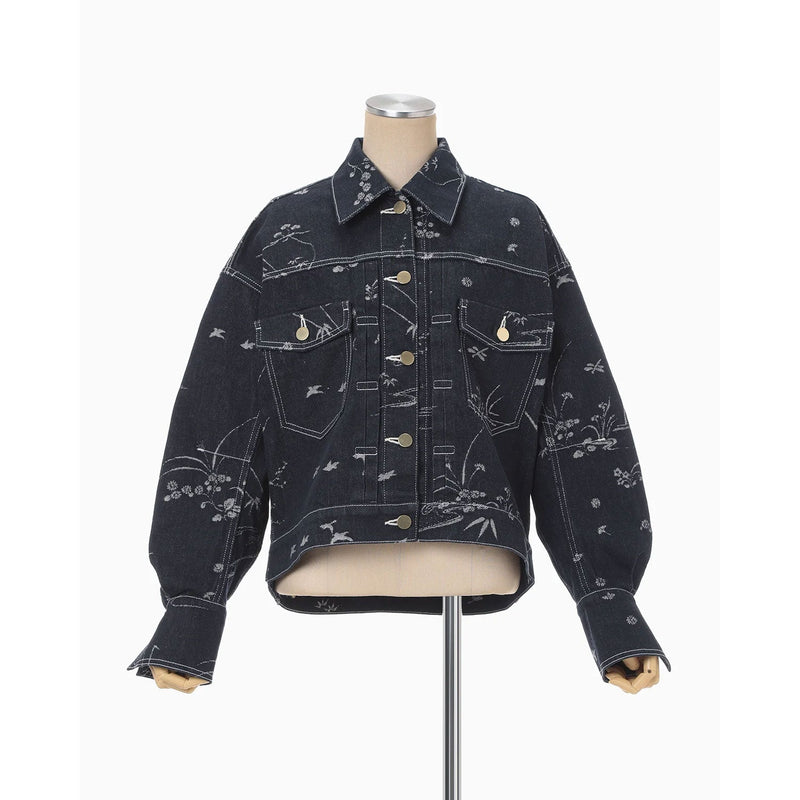 Nature Pattern Jacquard Short Denim Jacket - blue