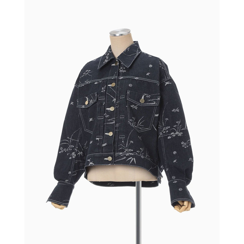 Nature Pattern Jacquard Short Denim Jacket - blue