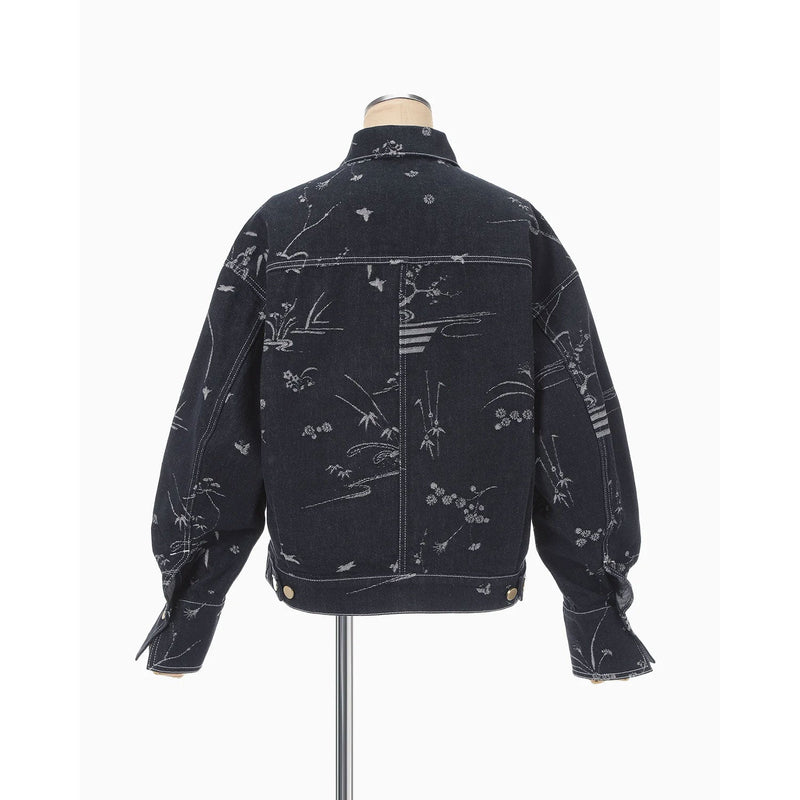 Nature Pattern Jacquard Short Denim Jacket - blue
