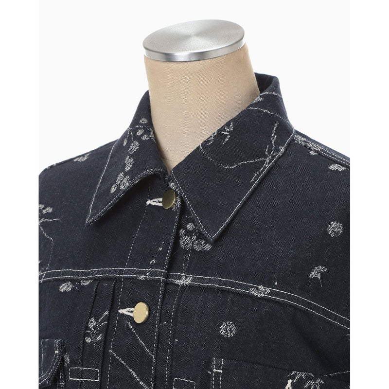Nature Pattern Jacquard Short Denim Jacket - blue