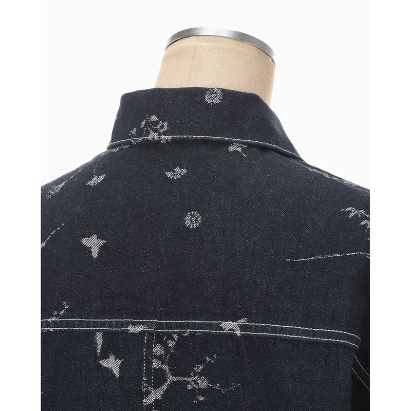 Nature Pattern Jacquard Short Denim Jacket - blue