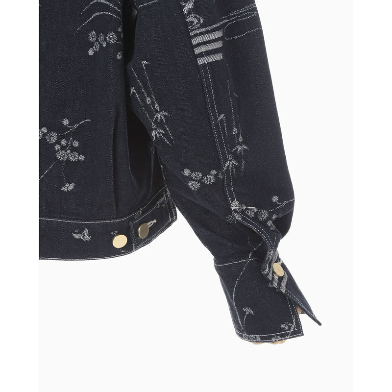 Nature Pattern Jacquard Short Denim Jacket - blue