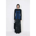Shirring Jersey Jacquard Long Sleeve Top - black