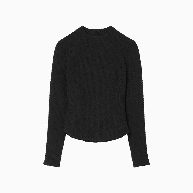 Shirring Jersey Jacquard Long Sleeve Top - black