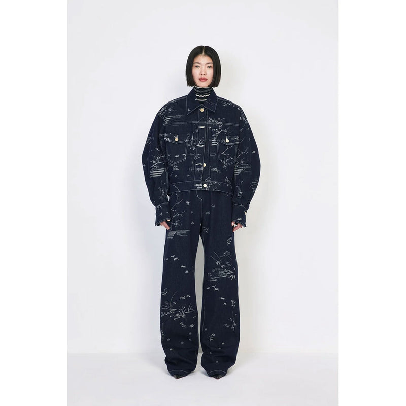 Nature Pattern Jacquard Short Denim Jacket - blue