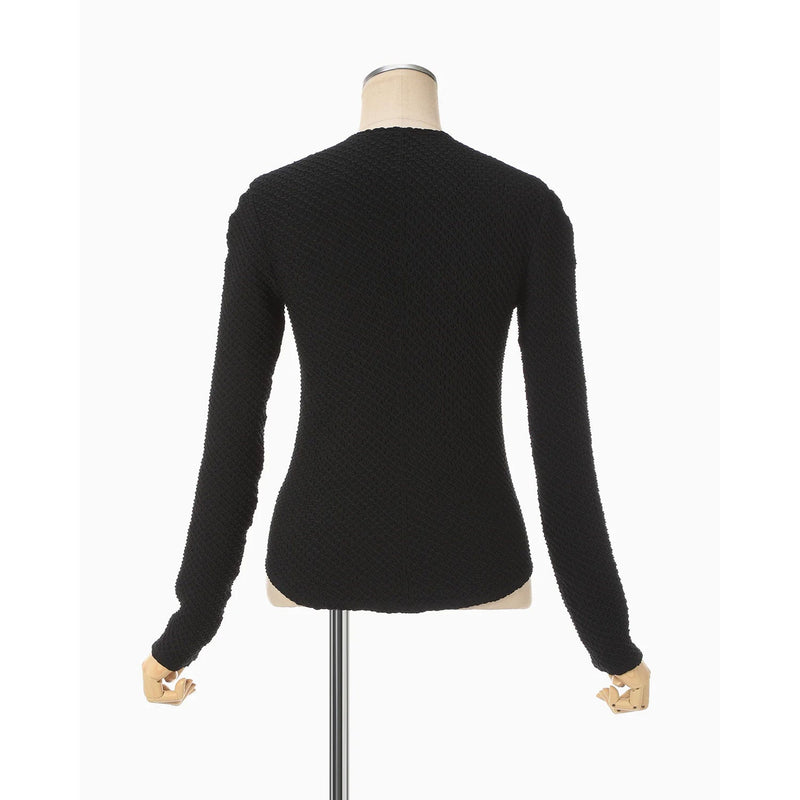 Shirring Jersey Jacquard Long Sleeve Top - black