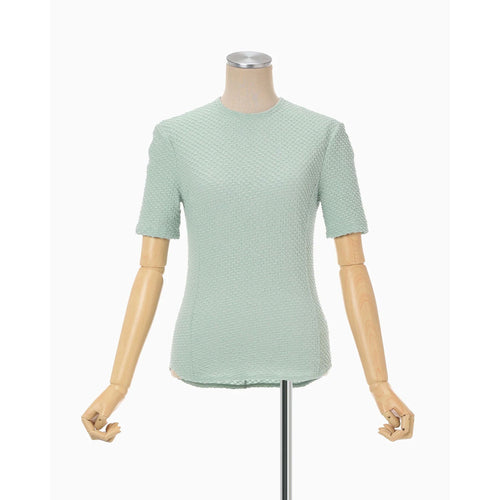 Shirring Jersey Jacquard Short Sleeve Top - light blue