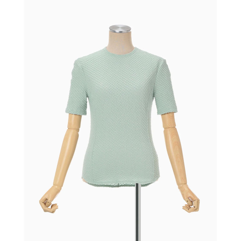 Shirring Jersey Jacquard Short Sleeve Top - light blue