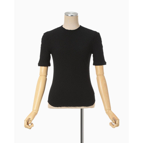Shirring Jersey Jacquard Short Sleeve Top - black