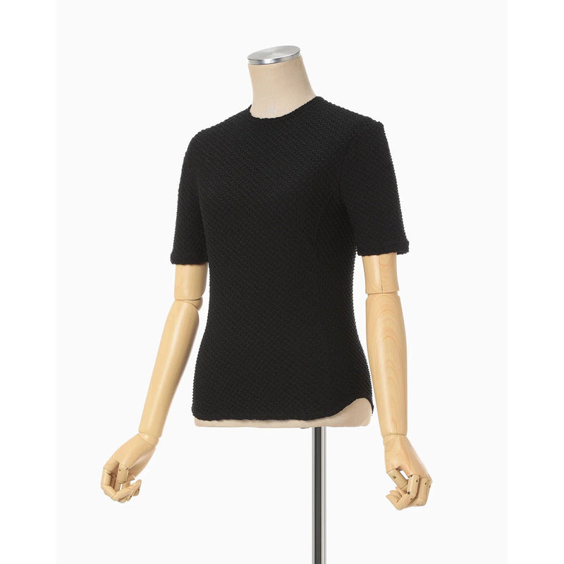 Shirring Jersey Jacquard Short Sleeve Top - black