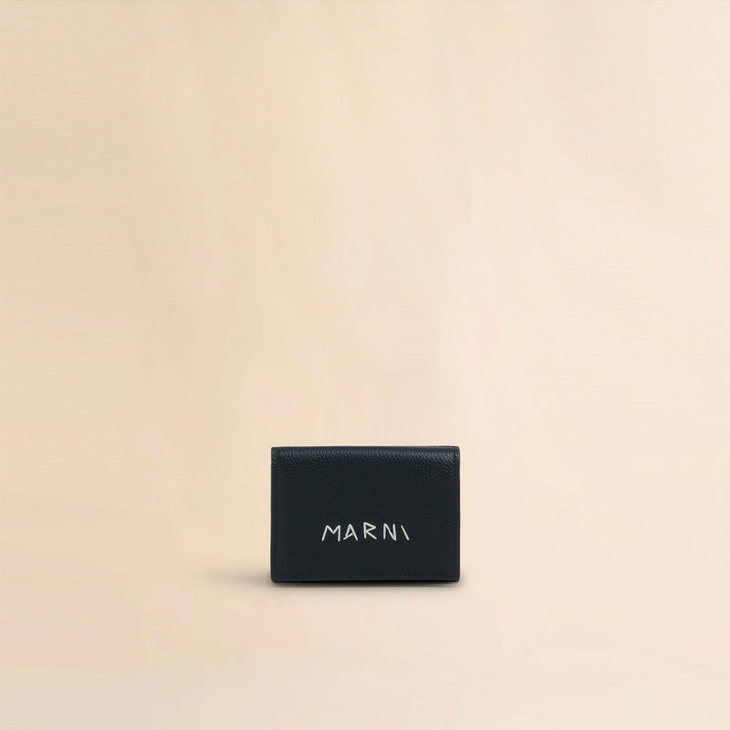 Black leather trifold wallet with Marni Mending embroidery