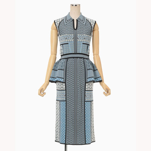 Geometric Pattern Knitted Dress - blue