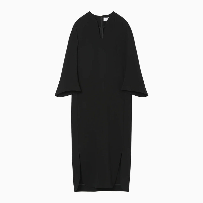 Acetate Polyester V-Neck Dress - black