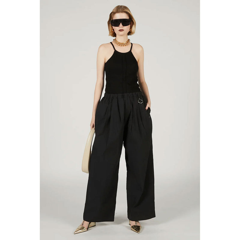 Wide Gathered Pants-BLACK-