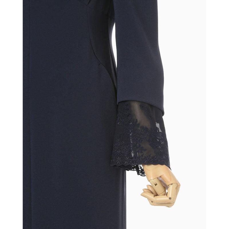 Back Satin Crepe Georgette Emboridered Cuffs I-Line Dress
